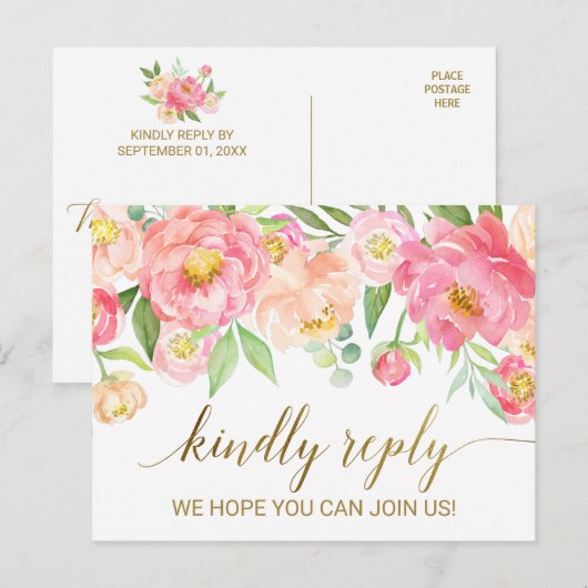 Perzik- en roze pioenbloemen RSVP Uitnodiging Briefkaart (Voorkant / Achterkant)