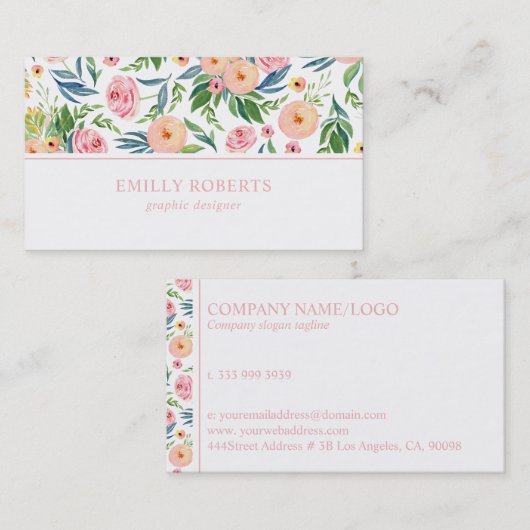 Perzik en roze pioenen bloemenpatroon visitekaartje (Voorkant / Achterkant)