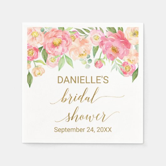 Perzik- en roze pioenroos bloemen bruidsdouche servet (Voorkant)