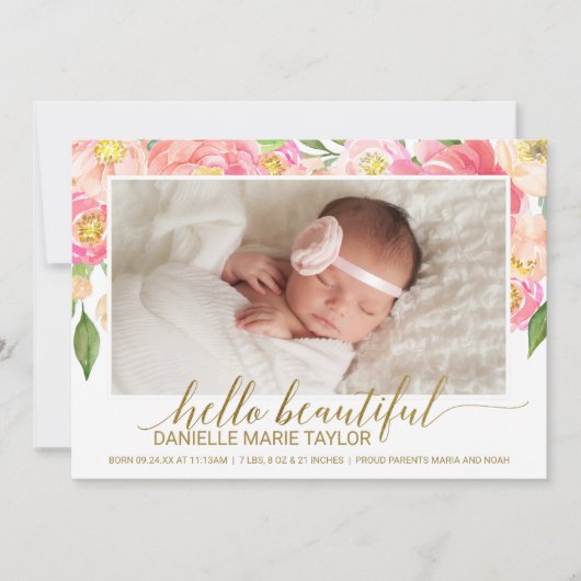Perzik en roze pony Bloem Foto geboorteaankondigin Aankondiging (Voorkant)