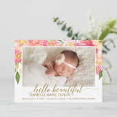 Perzik en roze pony Bloem Foto geboorteaankondigin Aankondiging (Staand voorkant)