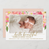 Perzik en roze pony Bloem Foto geboorteaankondigin Aankondiging (Voorkant / Achterkant)