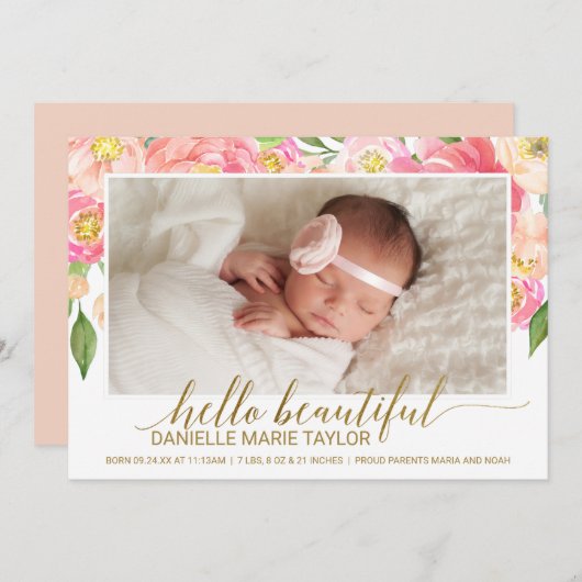 Perzik en roze pony Bloem Foto geboorteaankondigin Aankondiging (Voorkant / Achterkant)