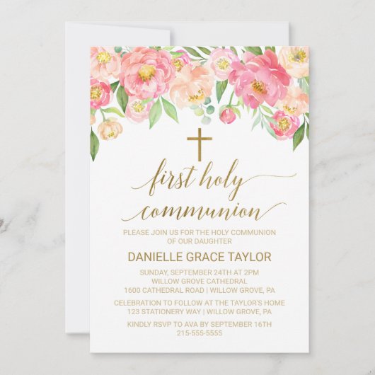 Perzik en roze pony Flowers Eerste Heilige Communi Kaart (Voorkant)