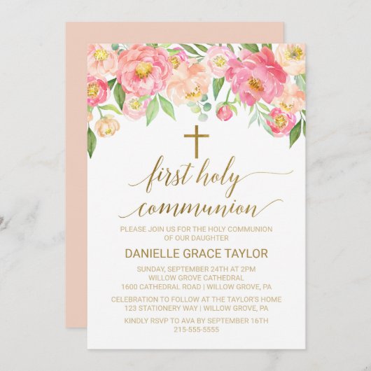Perzik en roze pony Flowers Eerste Heilige Communi Kaart (Voorkant / Achterkant)