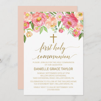 Perzik en roze pony Flowers Eerste Heilige Communi Kaart