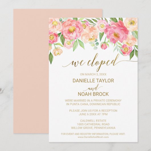 Perzik en roze pony Flowers Elopement Receptie Kaart (Voorkant / Achterkant)