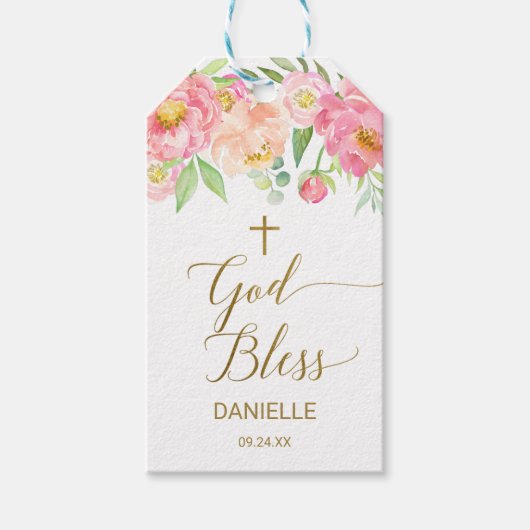 Perzik en roze pony Flowers God zegene baptisme Fa Cadeaulabel (Voorkant)