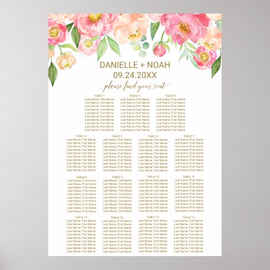 Perzik en roze pony Flowers Wedding Seating Chart Poster (Voorkant)