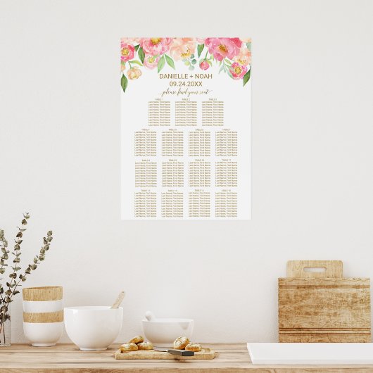 Perzik en roze pony Flowers Wedding Seating Chart Poster (Keuken)