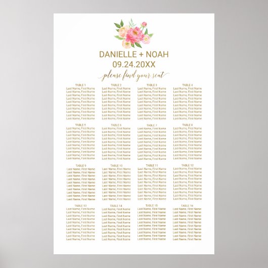 Perzik en roze pony Flowers Wedding Seating Chart Poster (Voorkant)