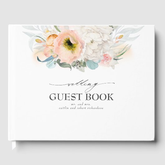 Perzik en Roze Waterverf Bloemen Bruiloft Gastenboek (Voorkant)
