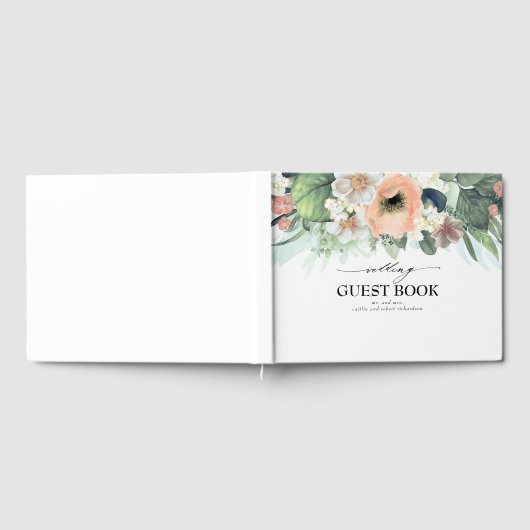 Perzik en Roze Waterverf Bloemen Bruiloft Gastenboek