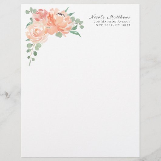 Perzik en roze Waterverf Bloemen gepersonaliseerd Persoonlijk Briefhoofd (Voorkant)