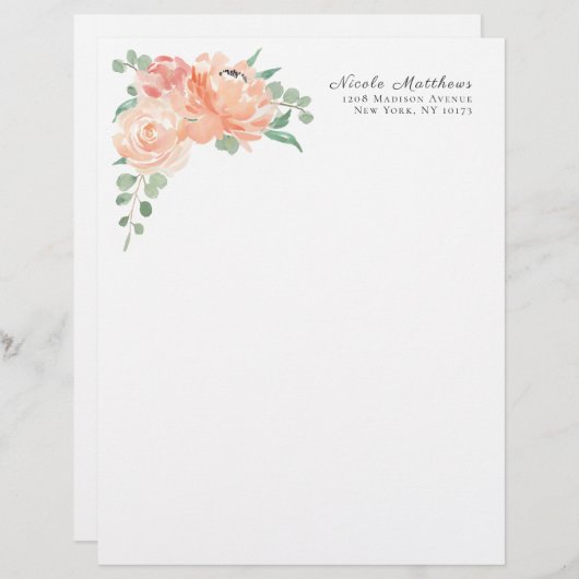 Perzik en roze Waterverf Bloemen gepersonaliseerd Persoonlijk Briefhoofd (Voorkant / Achterkant)