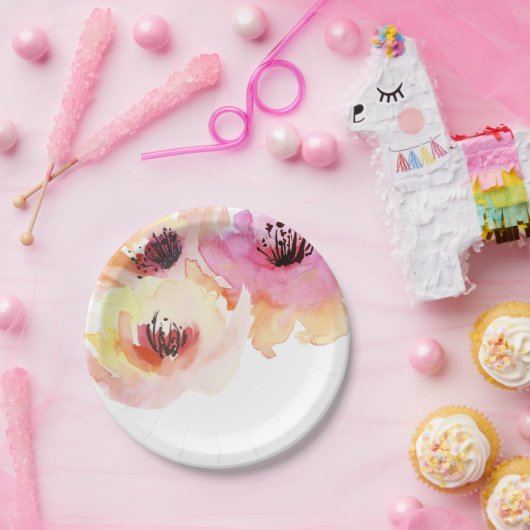 Perzik en Roze Waterverf Bloemen Papieren Bordje (Feest)