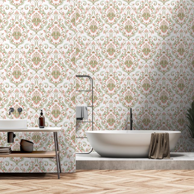 Perzik en Sage Green Damask Bloemschil en stok Behang (Badkamer)
