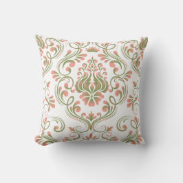 Perzik en Sage Green Damask Floral Pattern Elegant Kussen