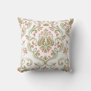 Perzik en Sage Green Damask Floral Pattern Elegant Kussen