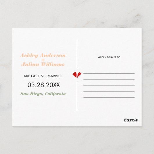 Perzik en sage groene twee foto sparen de Datum Briefkaart (Achterkant)