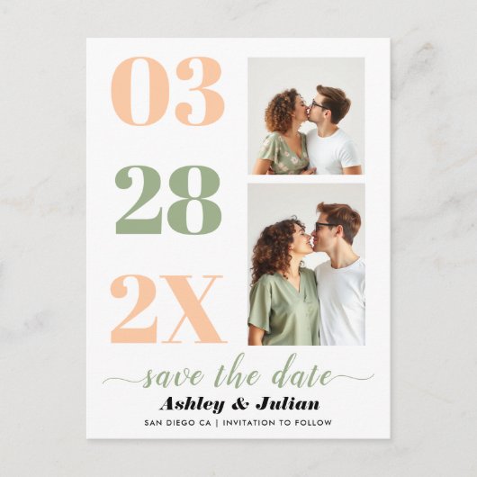 Perzik en sage groene twee foto sparen de Datum Briefkaart (Voorkant)