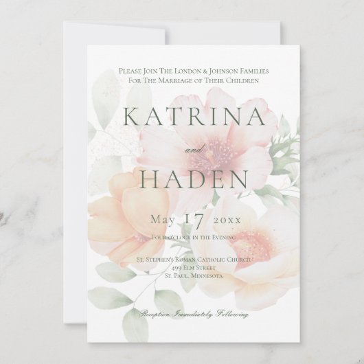 Perzik- en saliegroen bloemen trouwuitnodiging kaart (Voorkant)