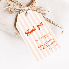 Perzik en Tangerine Gestreepte Retro Bruiloft Cadeaulabel