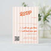 Perzik en Tangerine Gestreepte Retro Bruiloft RSVP Kaartje (Staand voorkant)