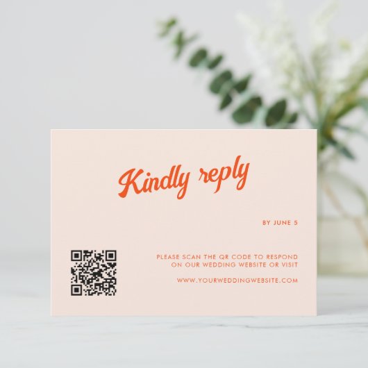 Perzik en Tangerine Retro bruiloft RSVP Kaartje (Staand voorkant)