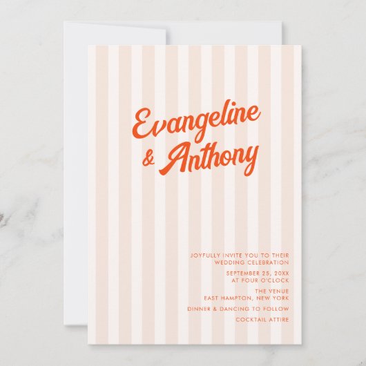 Perzik en Tangerine Retro Gestreepte Bruiloft Kaart (Voorkant)