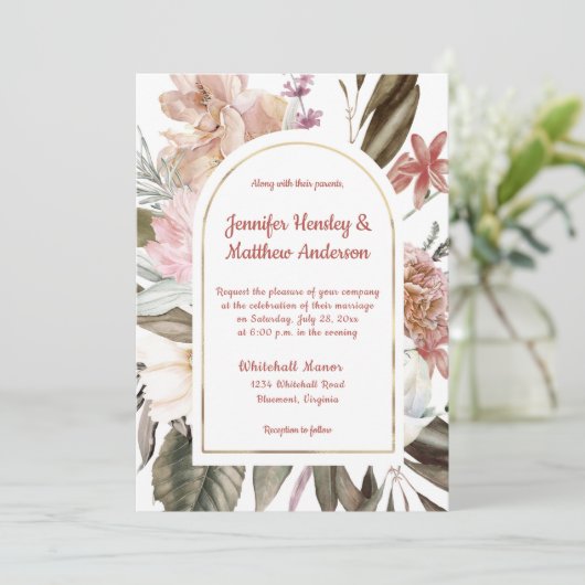 Perzik en terracotta rustieke bloemen bruiloft I Kaart (Staand voorkant)