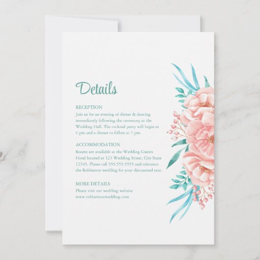 Perzik en Turquoise Bloemen Bruiloft Details Kaart (Voorkant)