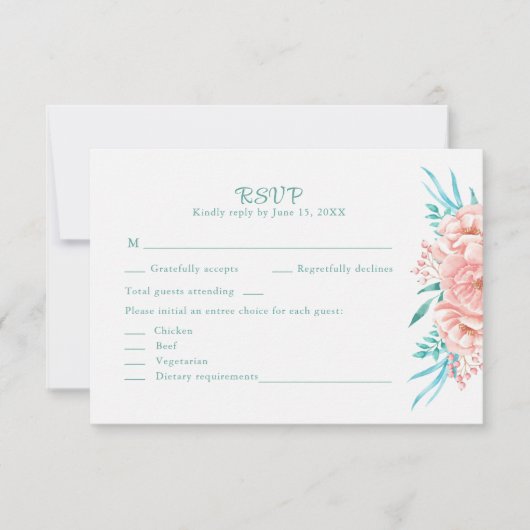 Perzik en Turquoise Bloemen Bruiloft RSVP Kaart (Voorkant)