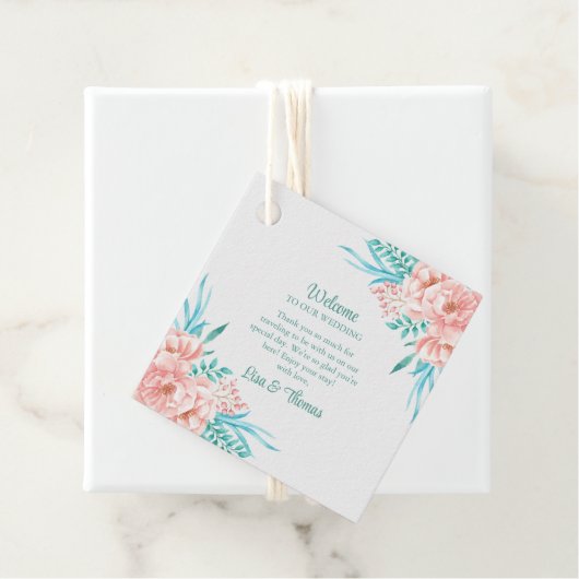 Perzik en Turquoise Bloemen Bruiloft Welkom Bedankjes Labels (In situ)