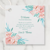 Perzik en Turquoise Bloemen Bruiloft Welkom Bedankjes Labels (Voorkant)