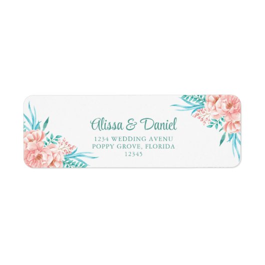 Perzik en Turquoise Bloemen Retouradres Etiket (Voorkant)