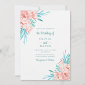 Perzik en Turquoise Bloemen Zomer Bruiloft Kaart (Voorkant)