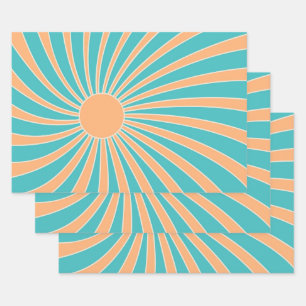 Perzik en turquoise retro stijl zonnestraalontwerp inpakpapier vel