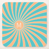 Perzik en turquoise retro stijl zonnestraalontwerp kartonnen onderzetters (Voorkant)