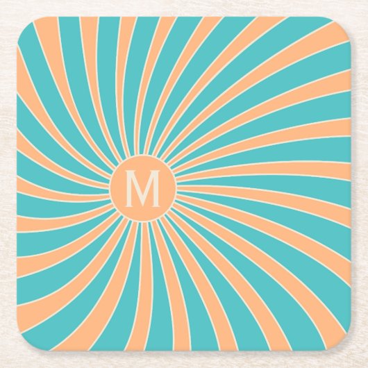 Perzik en turquoise retro stijl zonnestraalontwerp kartonnen onderzetters (Voorkant)