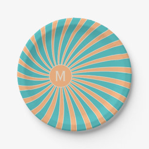 Perzik en turquoise retro stijl zonnestraalontwerp papieren bordje