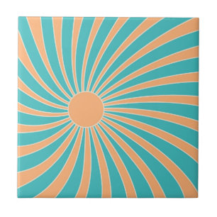 Perzik en turquoise retro stijl zonnestraalontwerp tegeltje