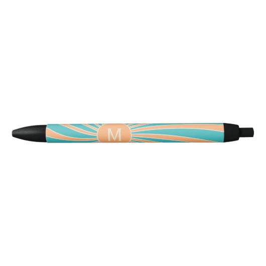 Perzik en turquoise retro stijl zonnestraalontwerp zwarte inkt pen (Voorkant)