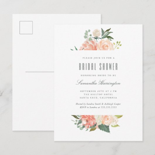 Perzik en Waterverf van Cream Floral Vrijgezellenf Uitnodiging Briefkaart (Voorkant / Achterkant)