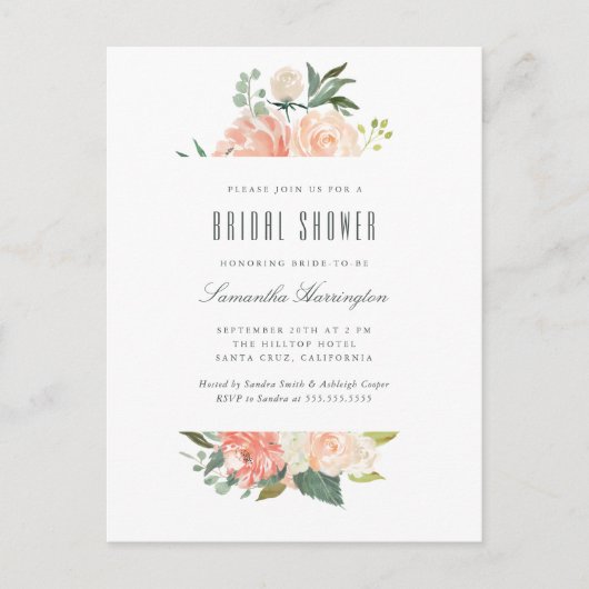 Perzik en Waterverf van Cream Floral Vrijgezellenf Uitnodiging Briefkaart (Voorkant)