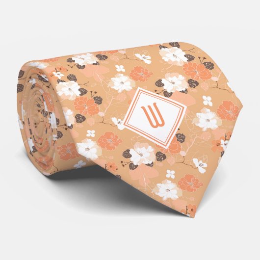 Perzik en wit bloemmonogram stropdas (Opgerold)