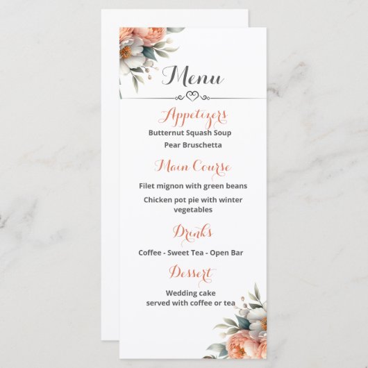 Perzik en wit bruiloft receptie menu (Voorkant / Achterkant)