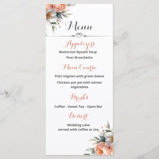 Perzik en wit bruiloft receptie menu (Voorkant)