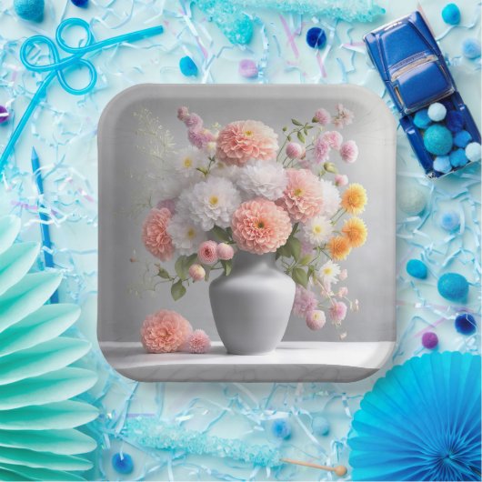 Perzik en wit Dahlia Boeket Papieren Bordje (Feest)