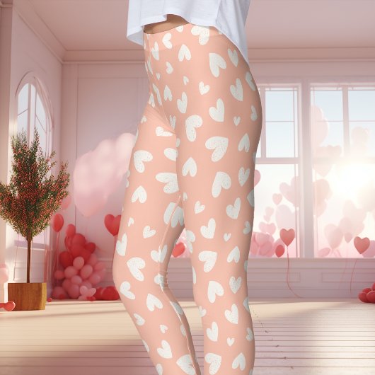 Perzik en Wit Hart Patroon Valentijnsdag Leggings